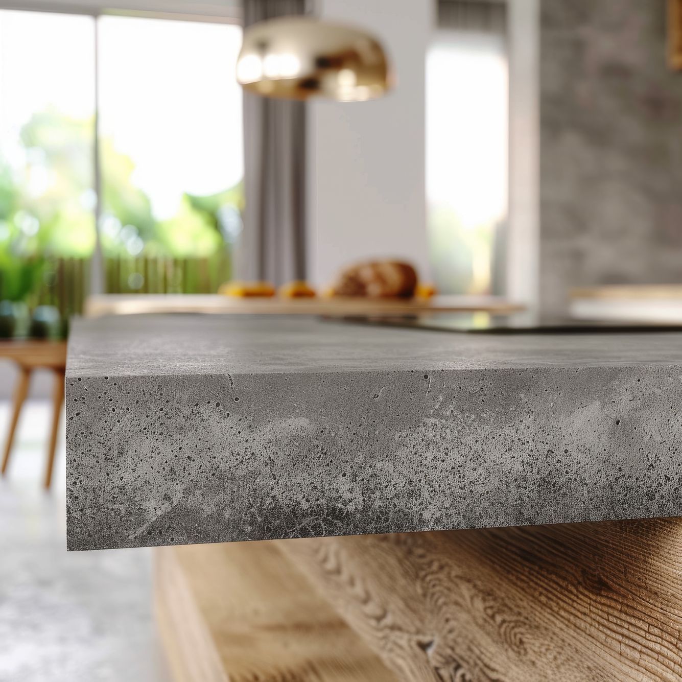 A close up of a concrete counter top in a kitchen.