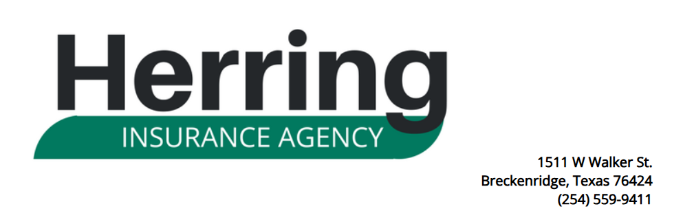 Logo for Herring Insurance Agency in Breckenridge, Texas, featuring company name, address, and phone number.