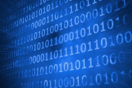 A digital background of glowing, blue-toned binary code consisting of ones and zeros arranged in rows.