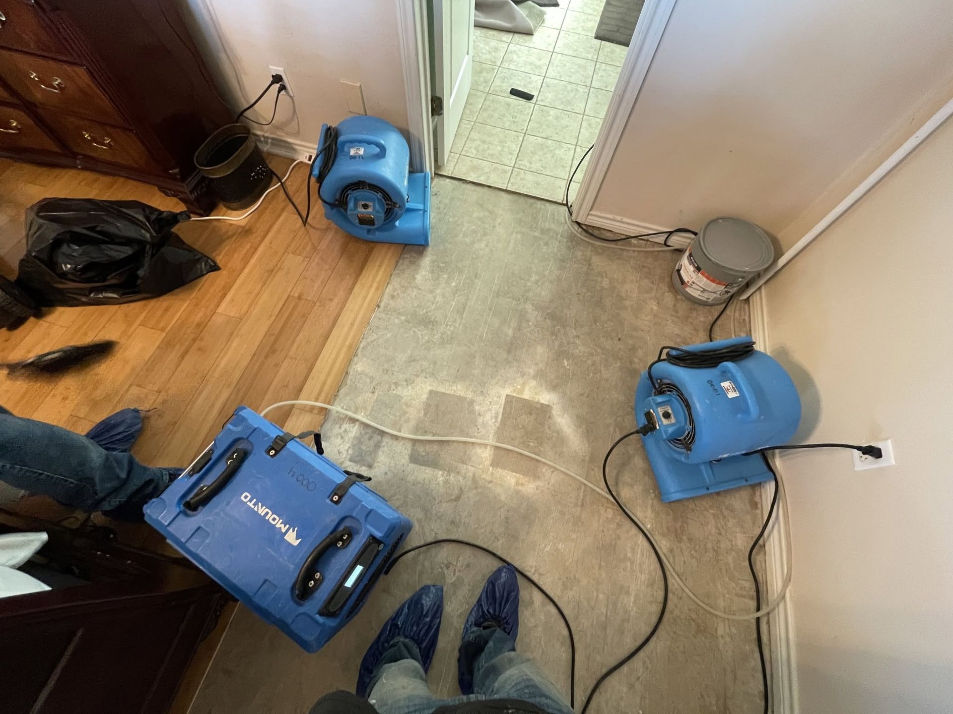 Three blue carpet dryers in a hallway with a cord across the floor and a pair of boots nearby