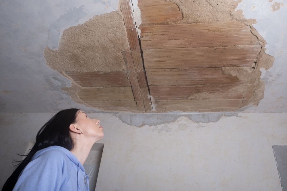 Person inspects a damaged ceiling with exposed brown plaster and cracks