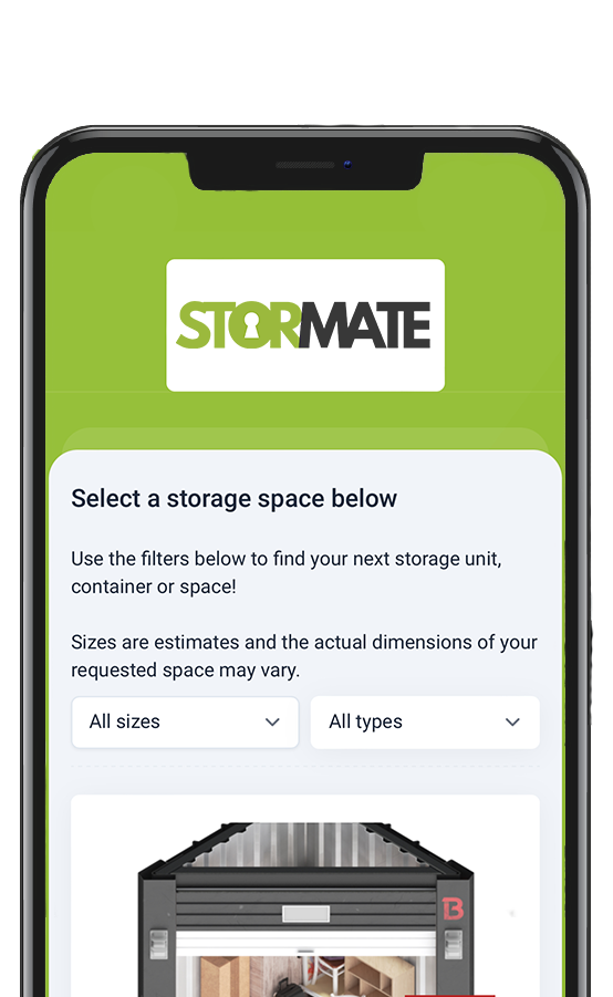 A phone with StorMate's booking system open.