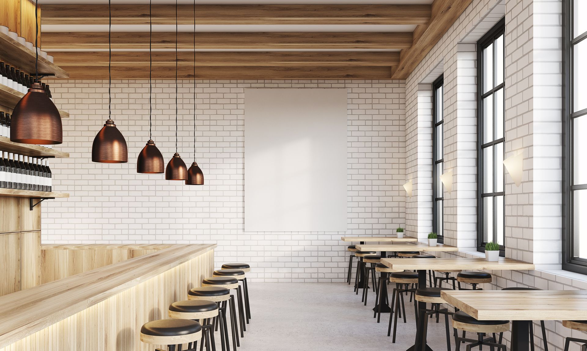 Interior of a cafe with wood accents, white brick walls, and copper pendant lights. Tables and bar seating.