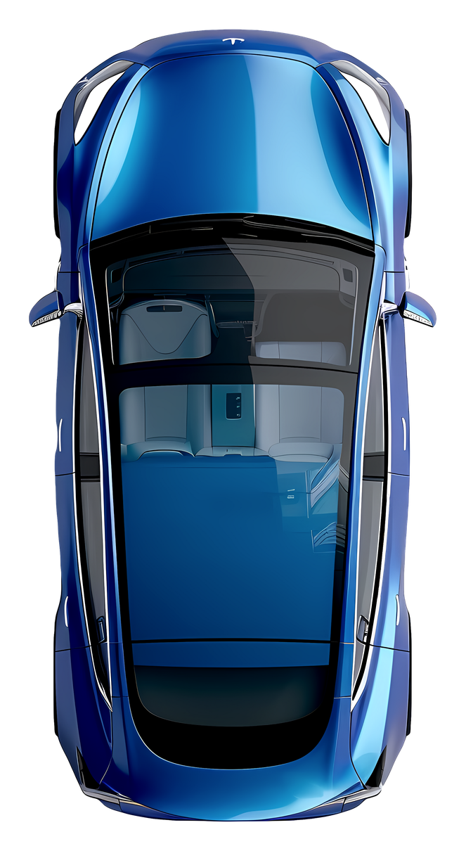 A blue car is shown from above on a white background.