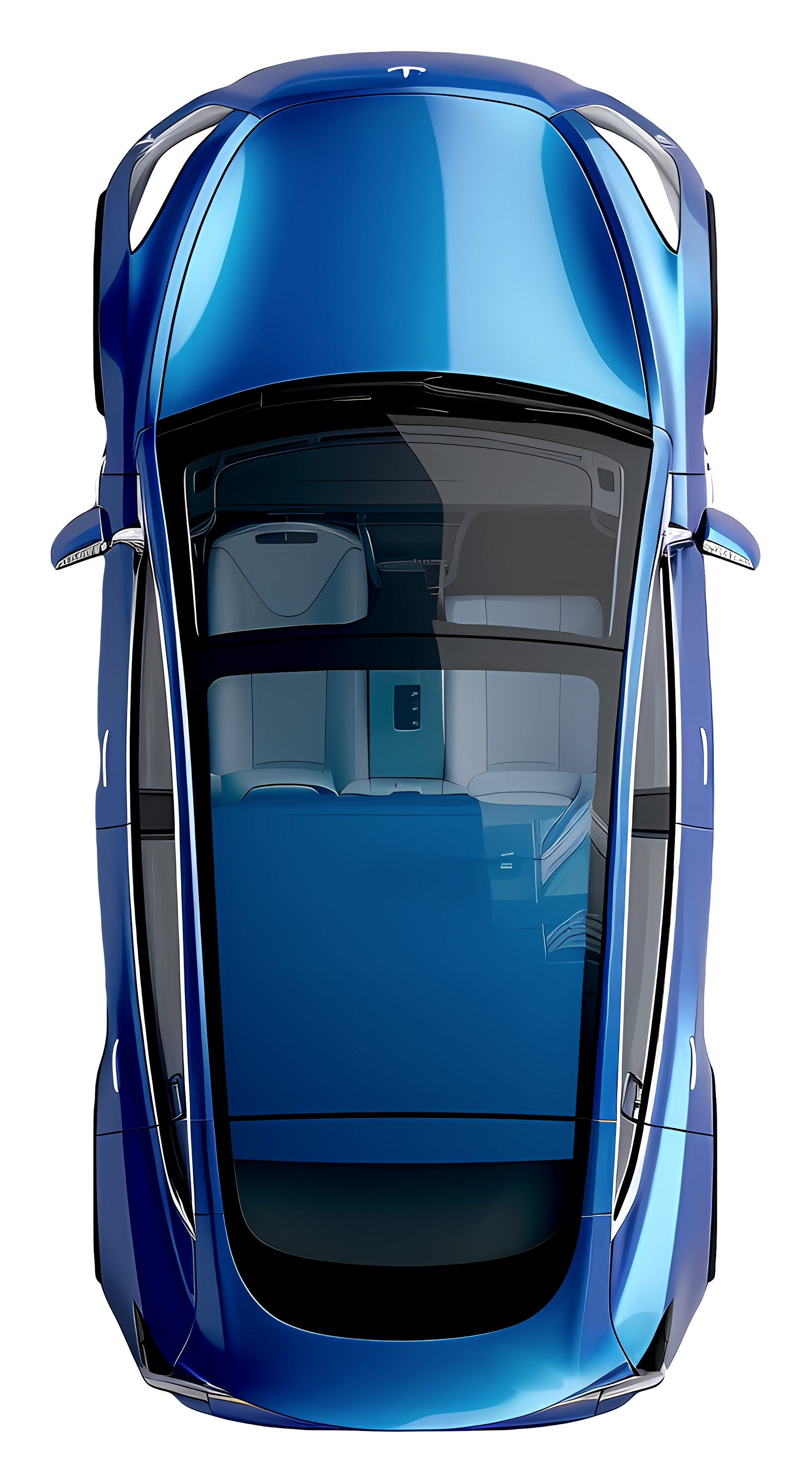 A blue car is shown from above on a white background.