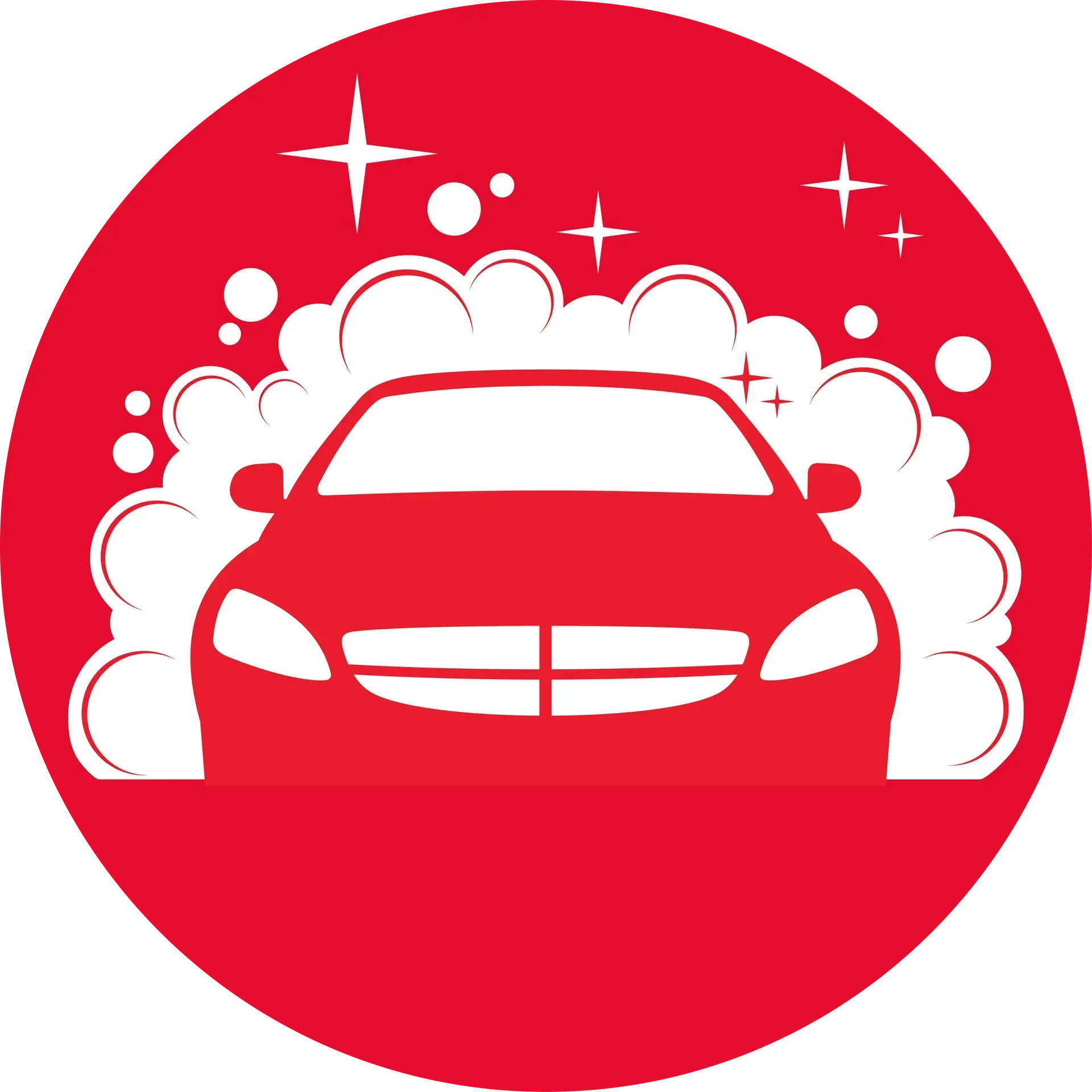 A red car is being washed with soap and bubbles in a red circle.