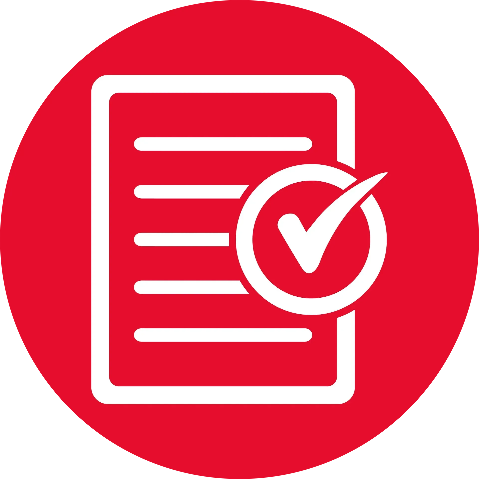 An icon of a check mark on a piece of paper in a red circle.