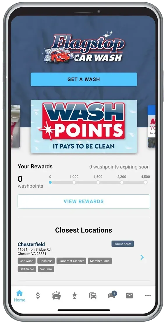 A screenshot of a car wash app on a cell phone.