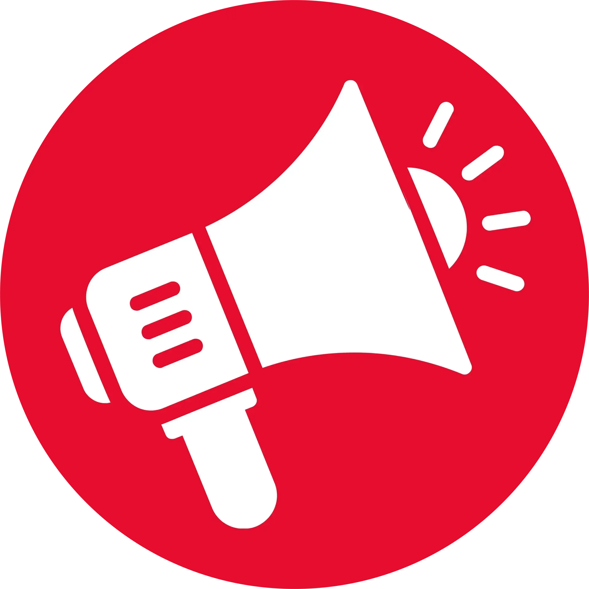 A white megaphone is in a red circle.