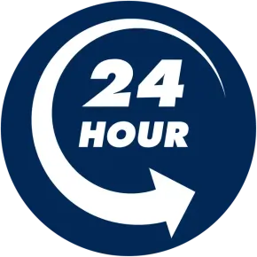 A blue circle with the words 24 hour on it