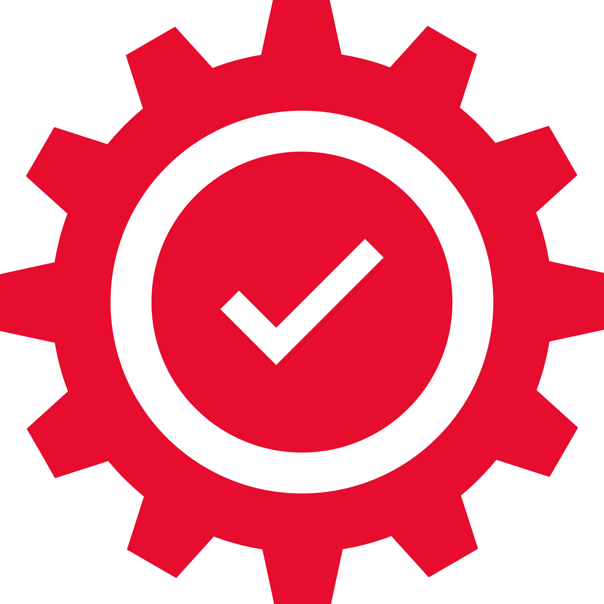 A red gear with a white check mark inside of it
