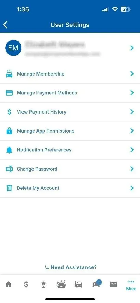 User settings screen with options: Member Info, Payment Statements, Activity History, etc.