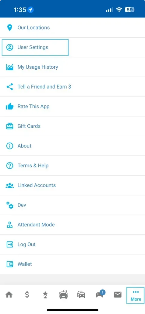 Mobile app menu with a list of options displayed in light blue on a white background.