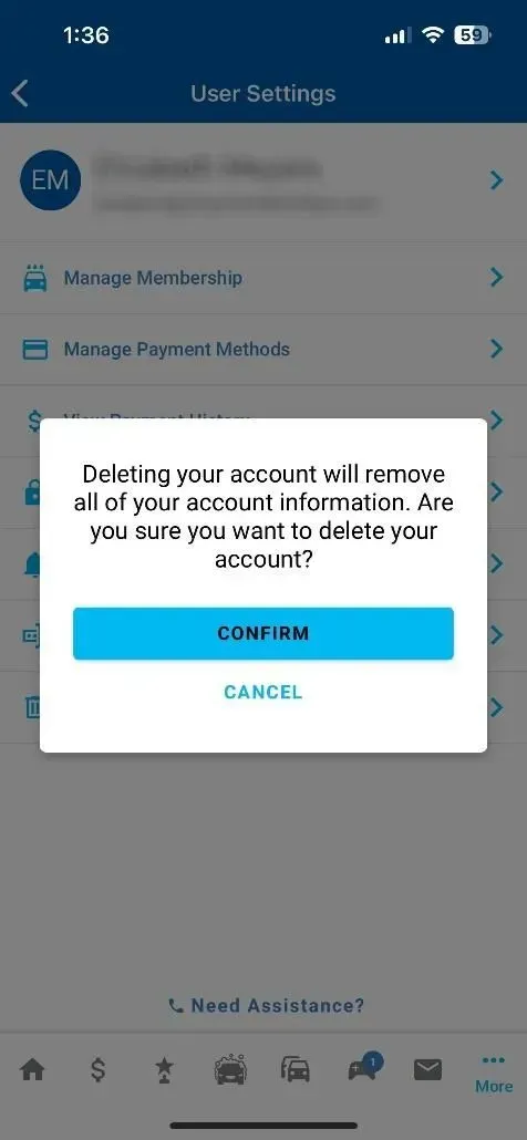 A mobile screen shows a confirmation dialog to delete the user's account, with 