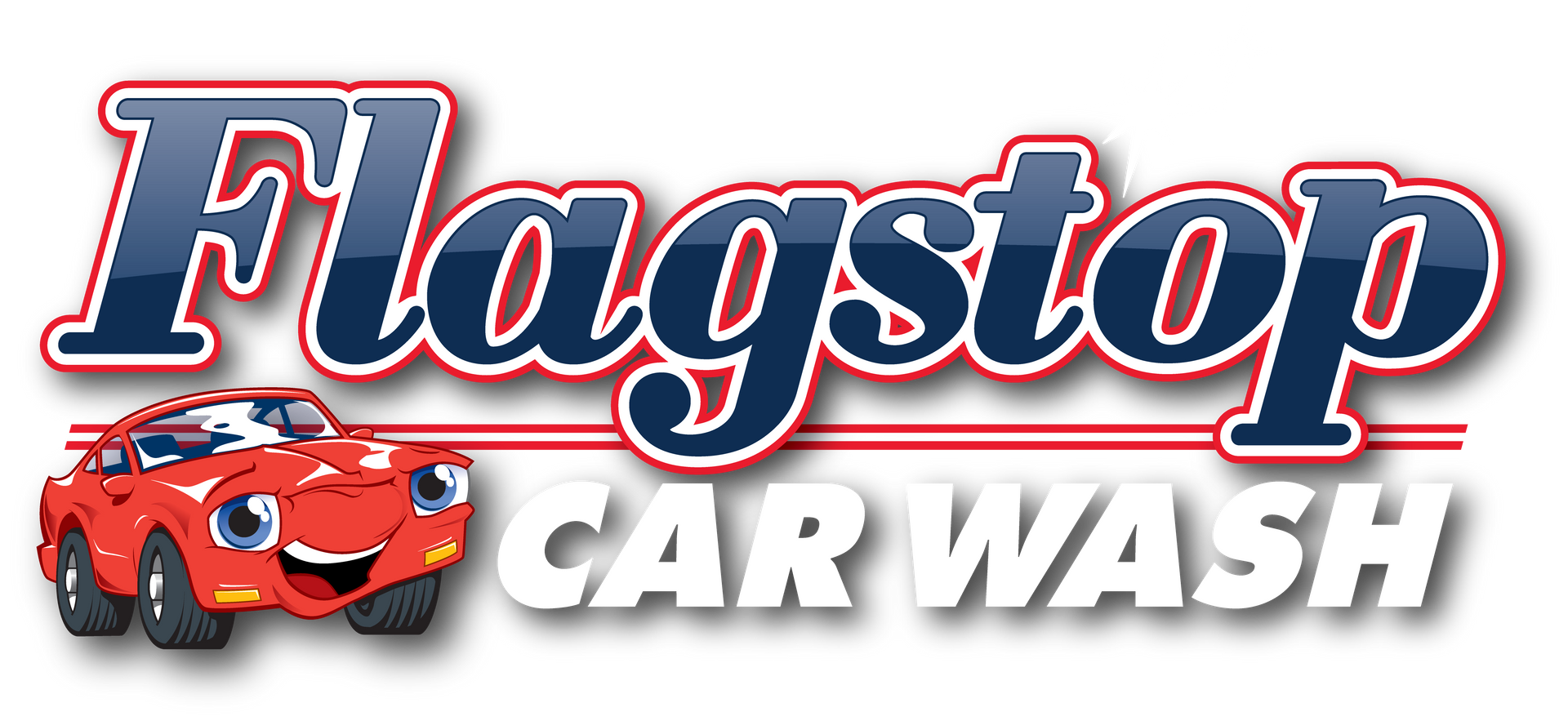 Logo for Flagstop Car Wash: A smiling red cartoon car beside the company name.