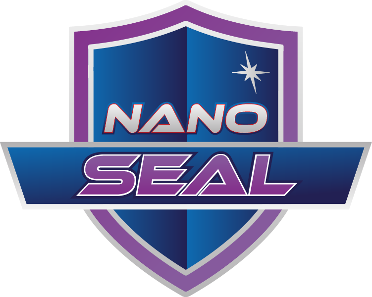 Nano Seal logo: blue and purple shield with text, a star, and angled banner reading 