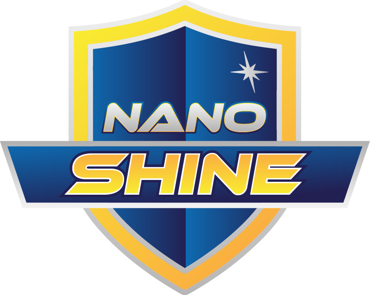 Logo for Nano Shine with a blue shield and yellow outline. Text: 