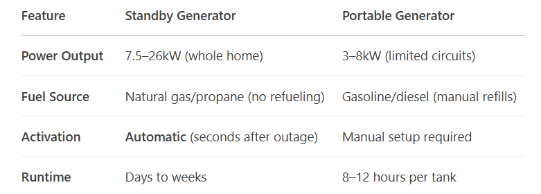 A table showing the features of a standby generator and portable generator