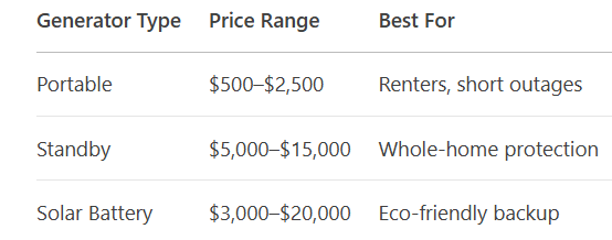 A table showing different types of generators and their price ranges