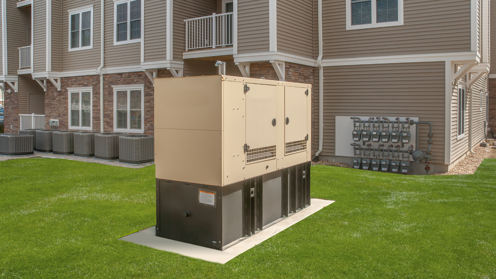 A large box is sitting in the grass in front of a building.
