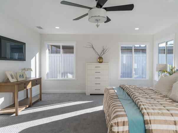 Bright bedroom with bed, dresser, windows, TV, and desk.