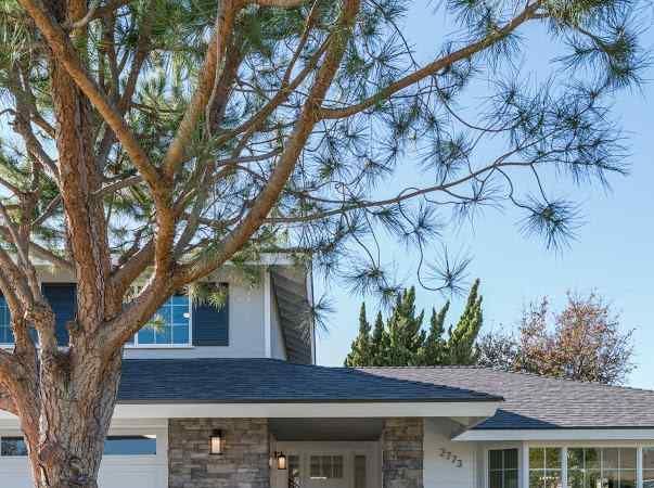 House exterior with a tree in front, gray siding, and stone accents. Blue sky.