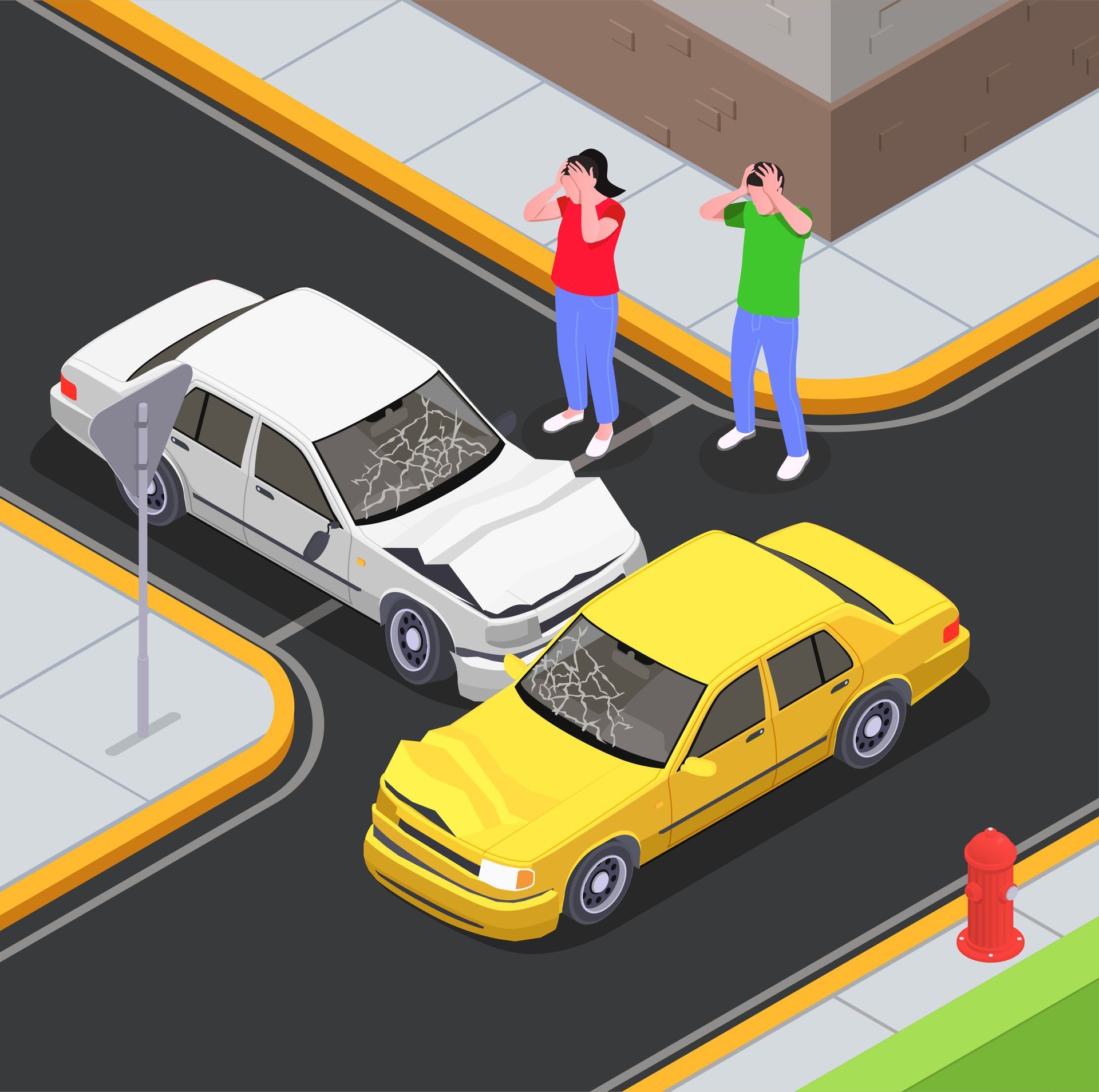 An isometric illustration of a car accident on a city street.