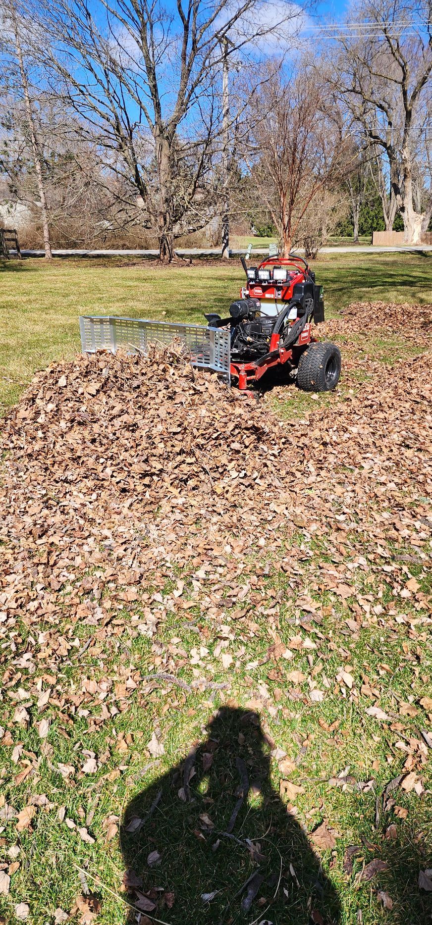 A red leaf vacuum machine is on a pile of leaves. The shadow of the photographer is in the foreground.