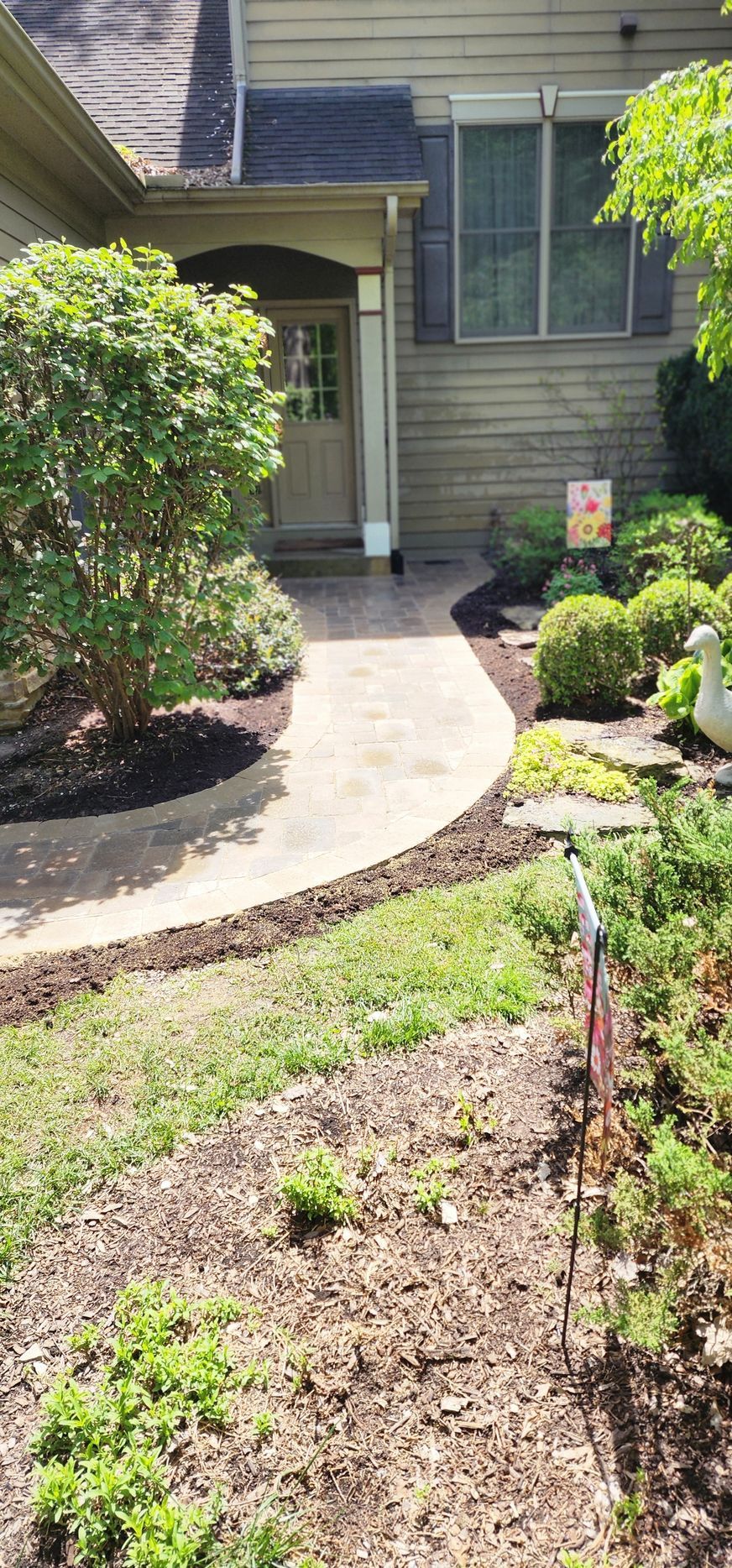 Pathway leading to a front door framed by landscaping and a house with a window and roof.