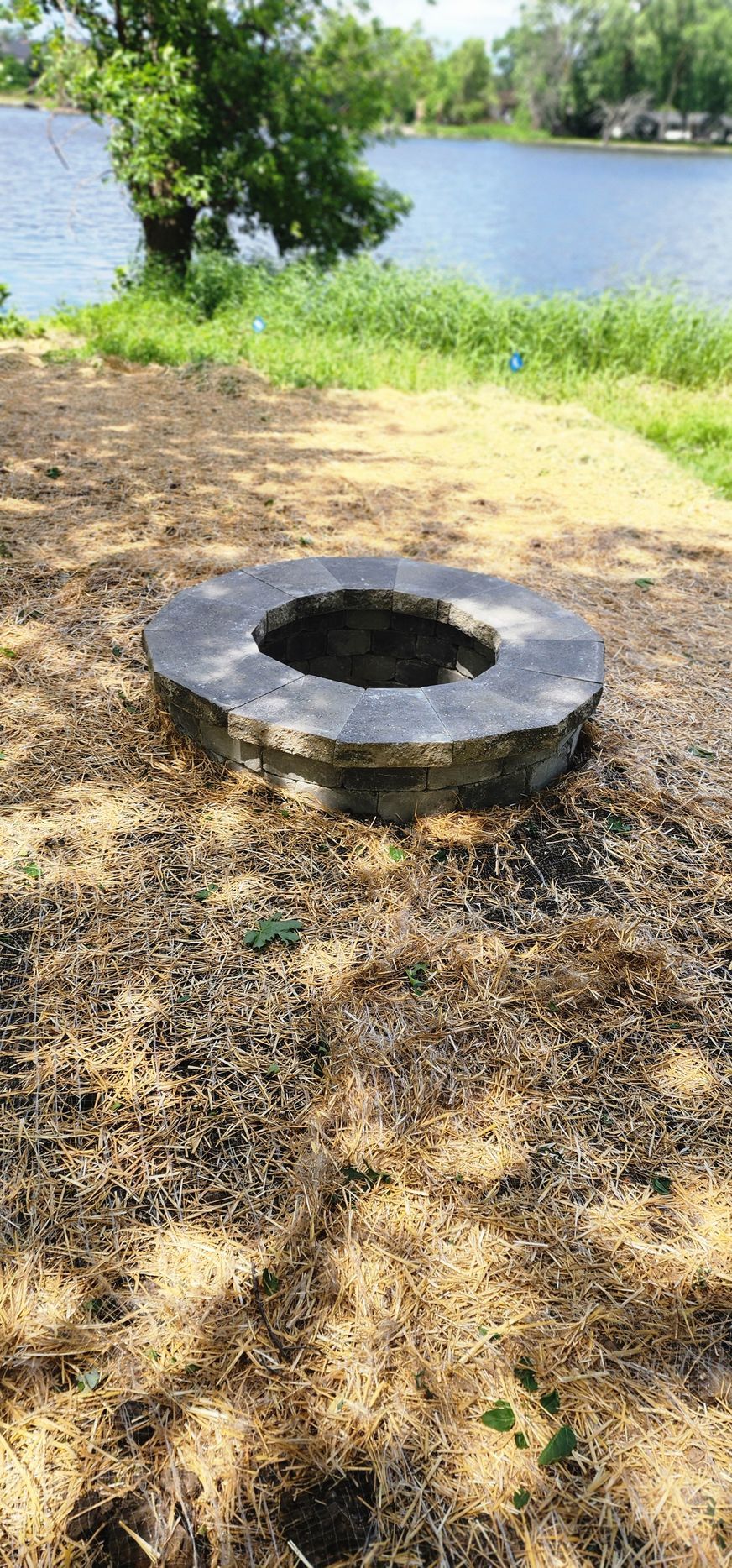 A stone fire pit on a brown, grassy surface, with a lake and trees in the background.