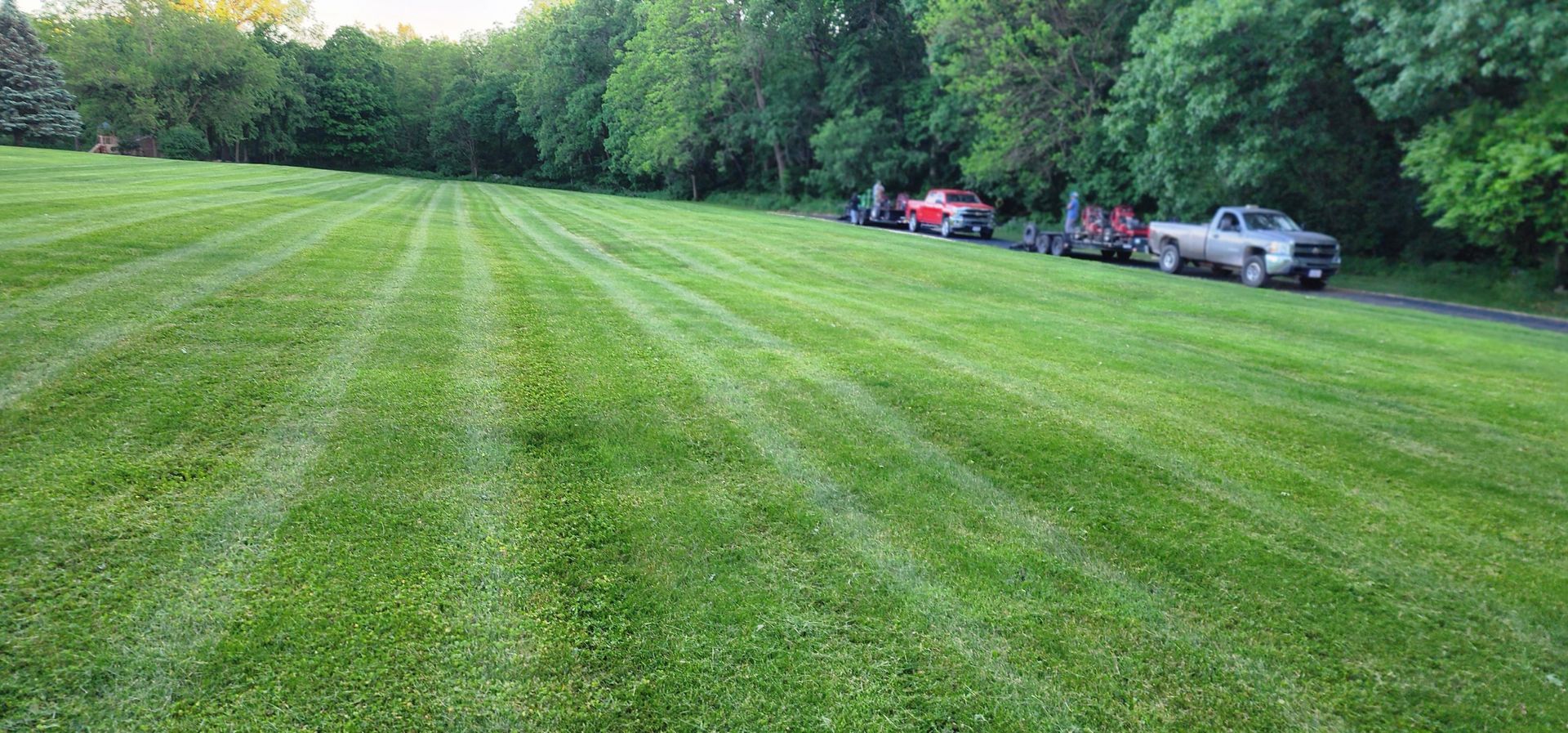 A green lawn with a freshly cut pattern, with vehicles parked on the right and trees in the background.