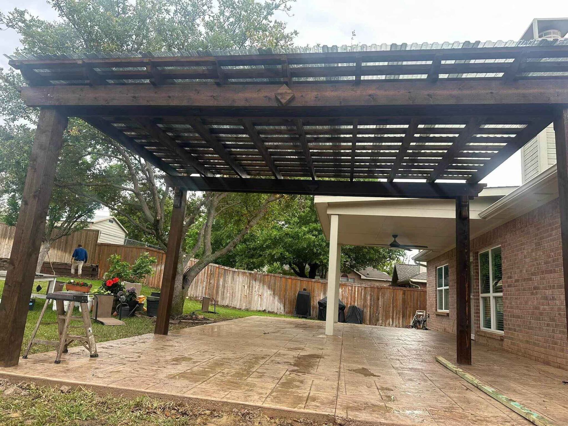 Pergola on a Dallas stamped concrete pad