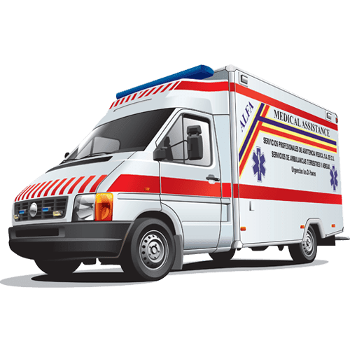 Ambulancia blanca y roja con luces intermitentes; texto 