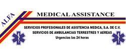 Logotipo de Alfa Medical Assistance. Texto: "Asistencia M&eacute;dica", "Servicios..." Servicios de ambulancia. S&iacute;mbolo de la Estrella de la Vida.