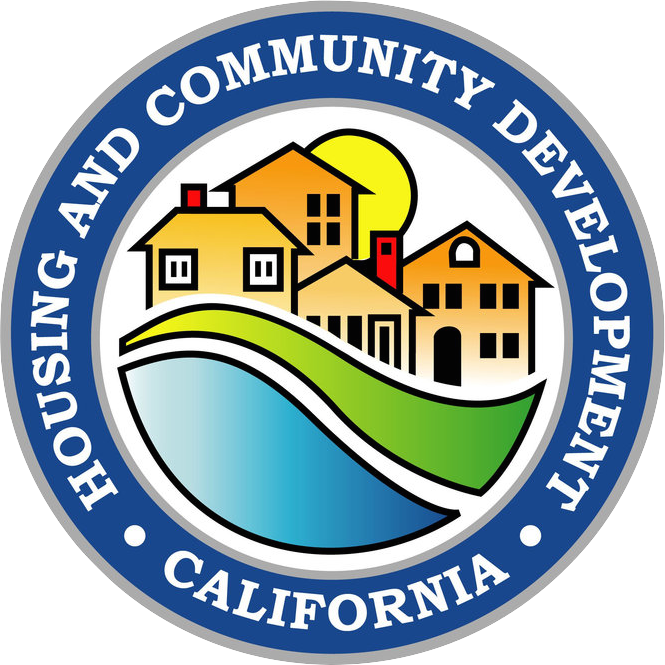 Seal of California Housing and Community Development with houses, sun, and water.