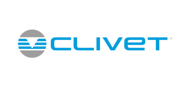 Ein blau-graues Logo für eine Firma namens Clivet