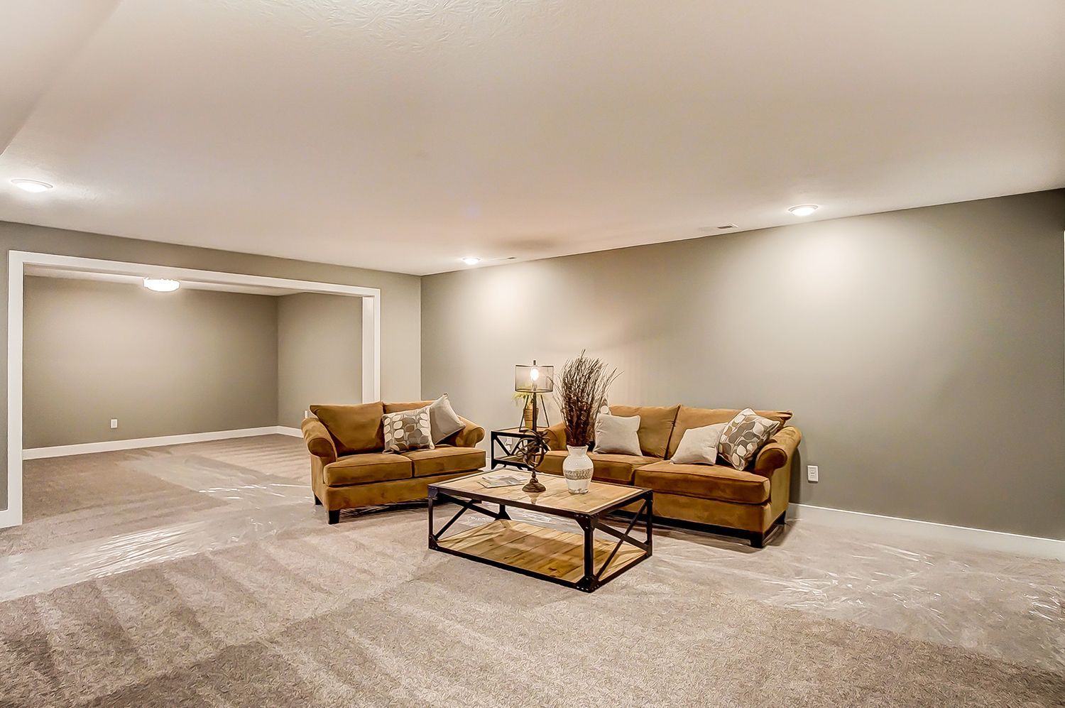 A living room in a basement with two couches and a coffee table.