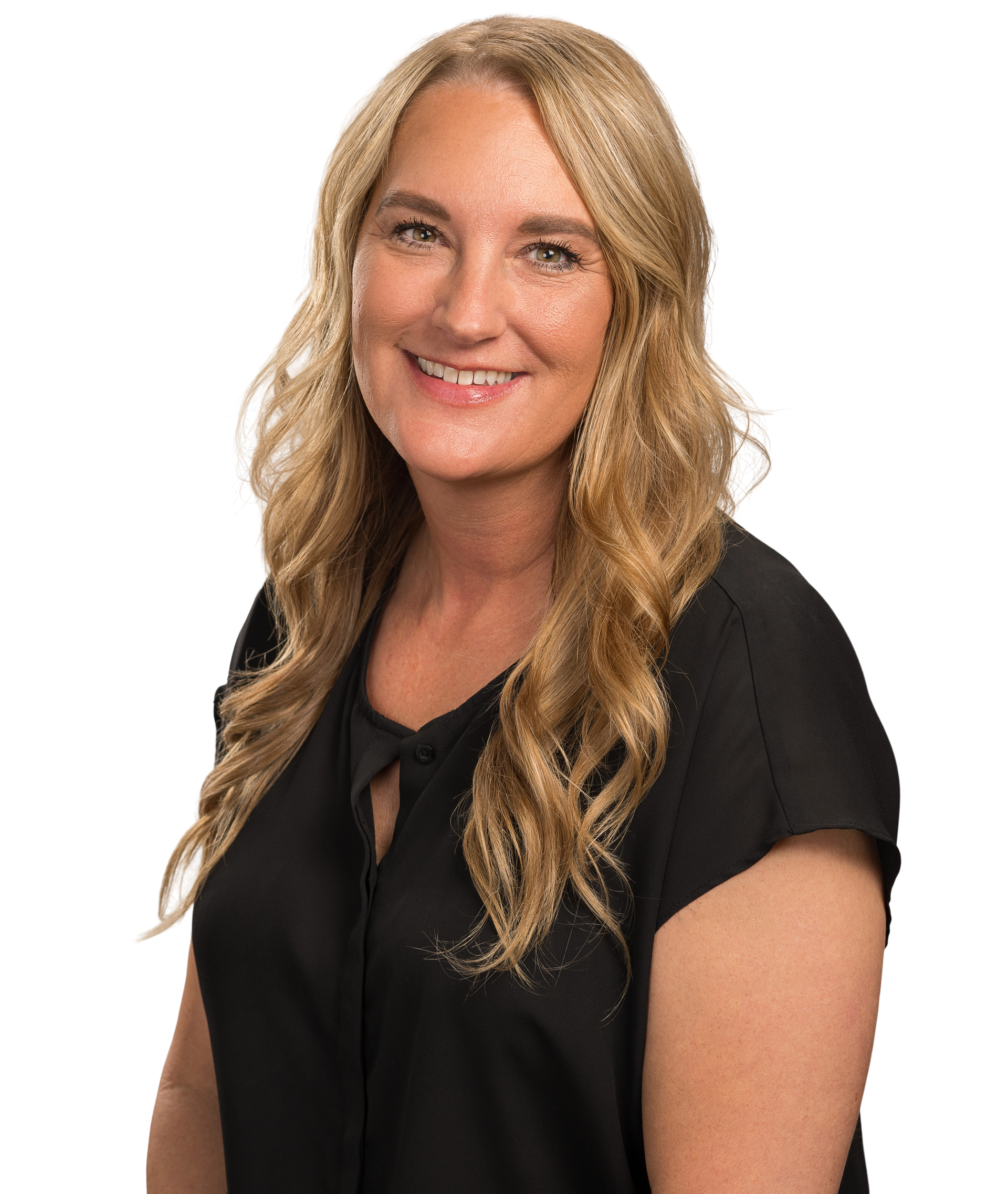 A woman with long blonde hair is wearing a black shirt and smiling.
