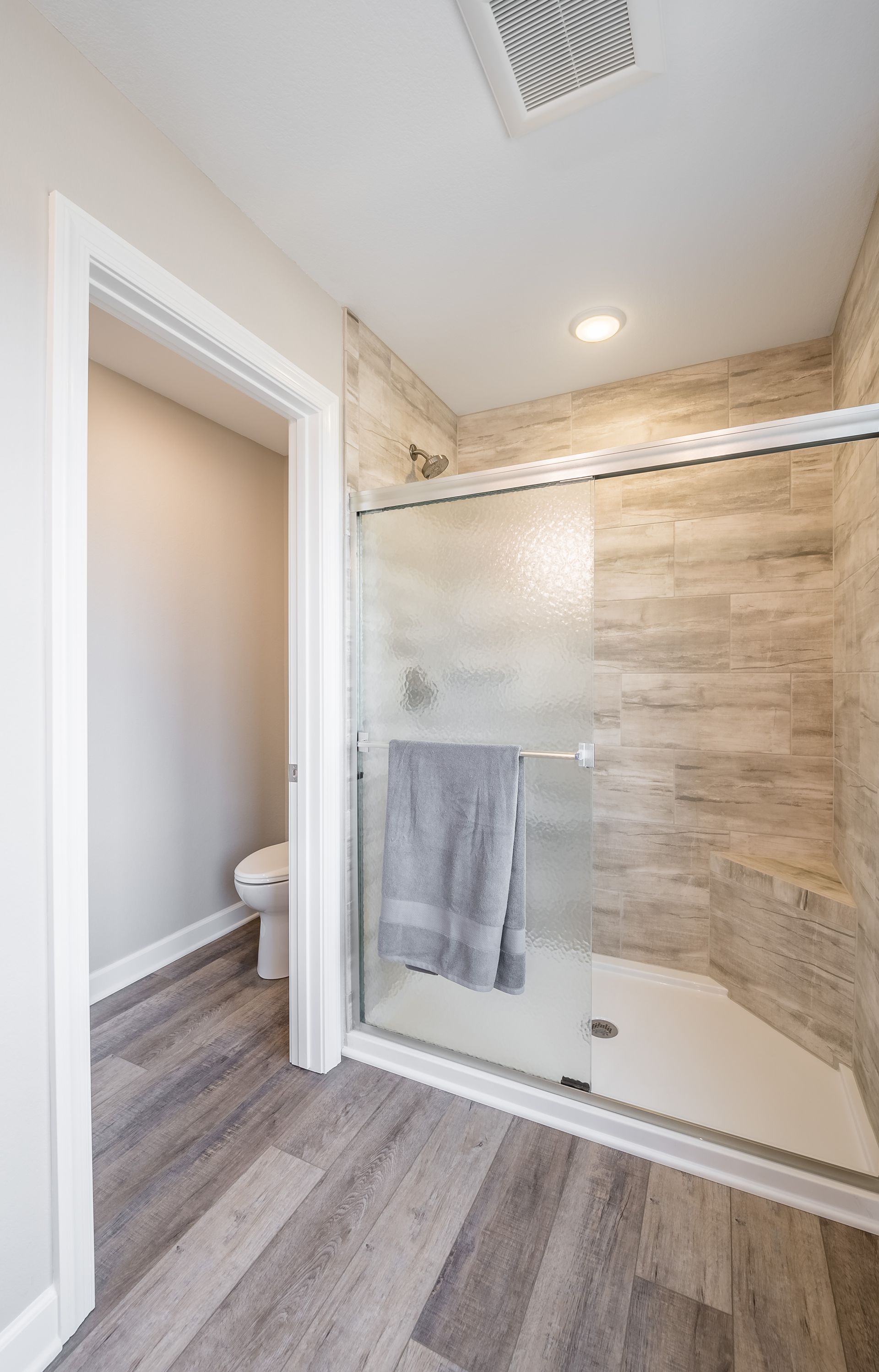 A bathroom with a walk in shower and a toilet.