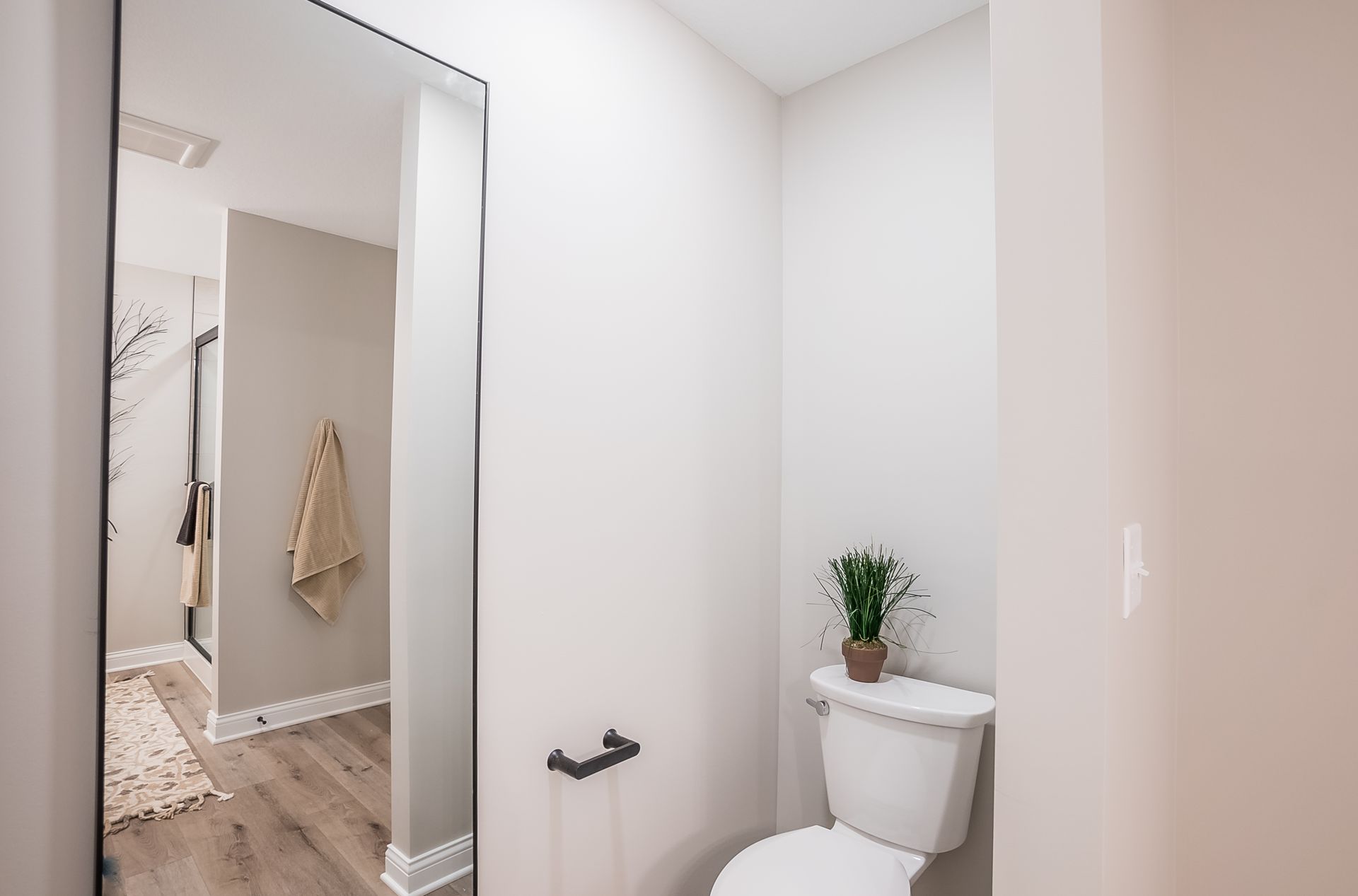 A bathroom with a toilet and a large mirror.