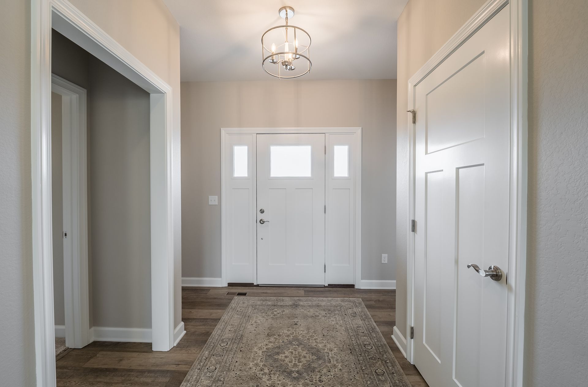 A hallway in a house with white doors and a rug.