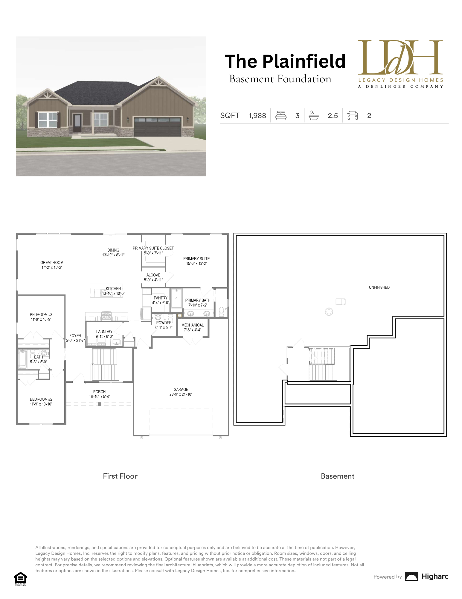 Ranch Floorplan with 2 Car garage Open Concept with unfinished basement and walk in pantry. 