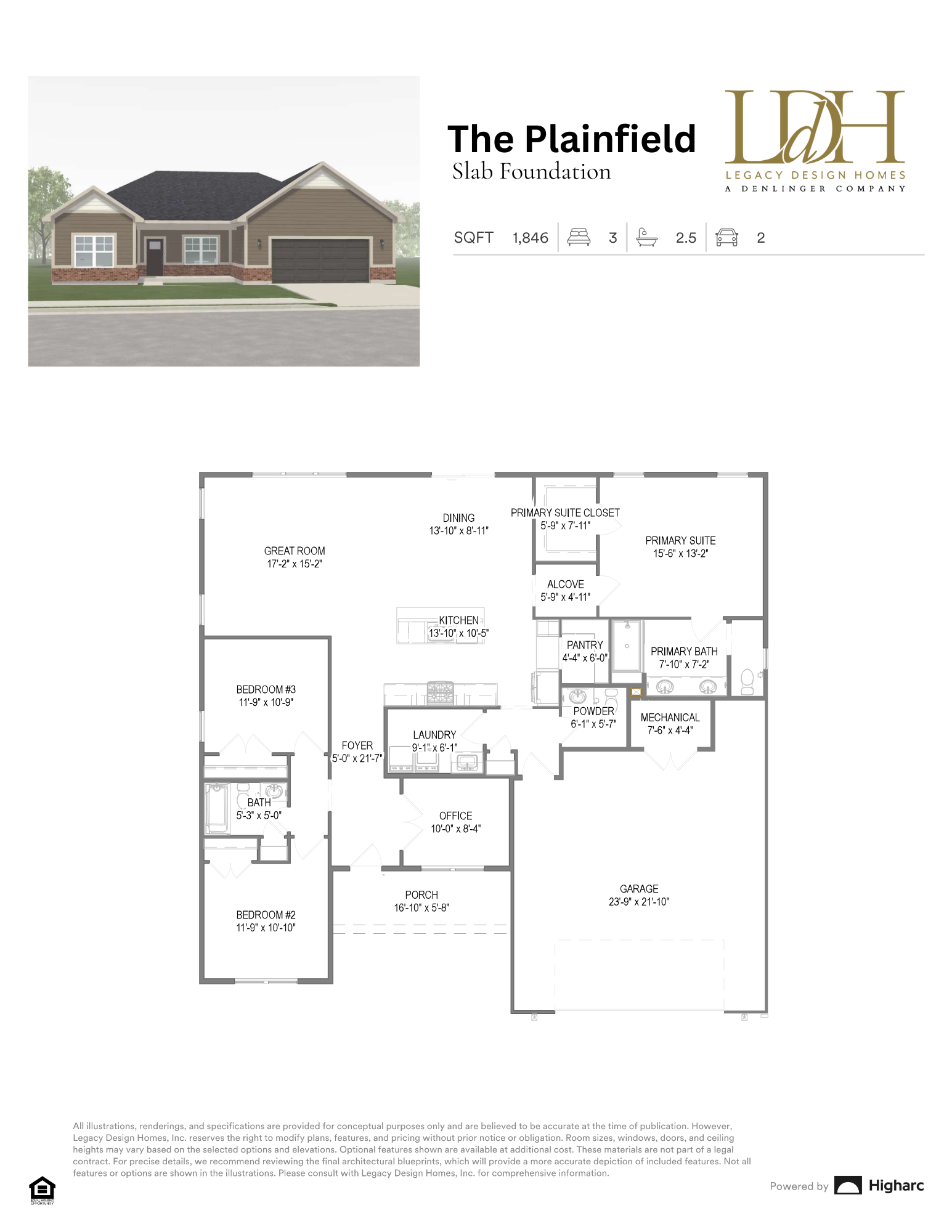 Ranch Floorplan with 2 Car garage Open Concept with home Office and walk in pantry. 