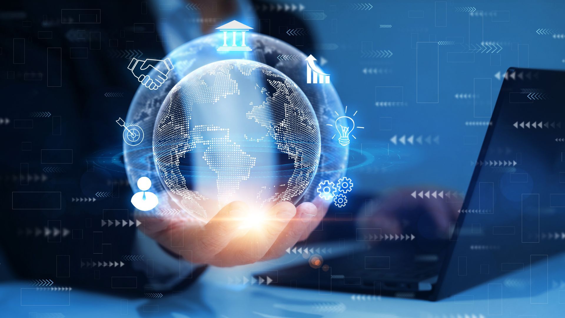 A business person holds a glowing, digital globe surrounded by icons representing global connectivity and finance.