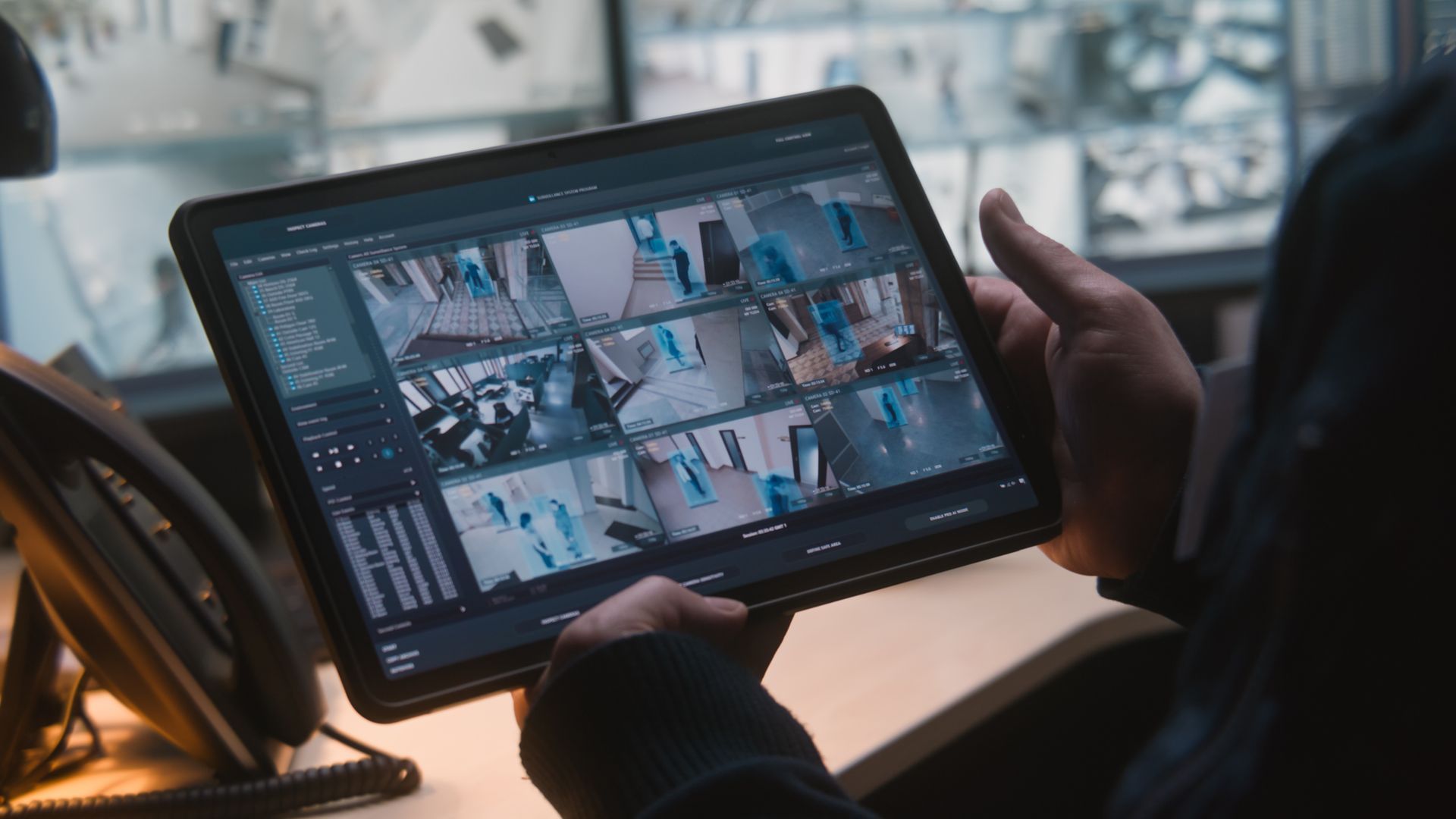 Technician monitoring business security systems on tablet with live surveillance camera feeds. Technician monitoring business security systems on tablet with live surveillance camera feeds.