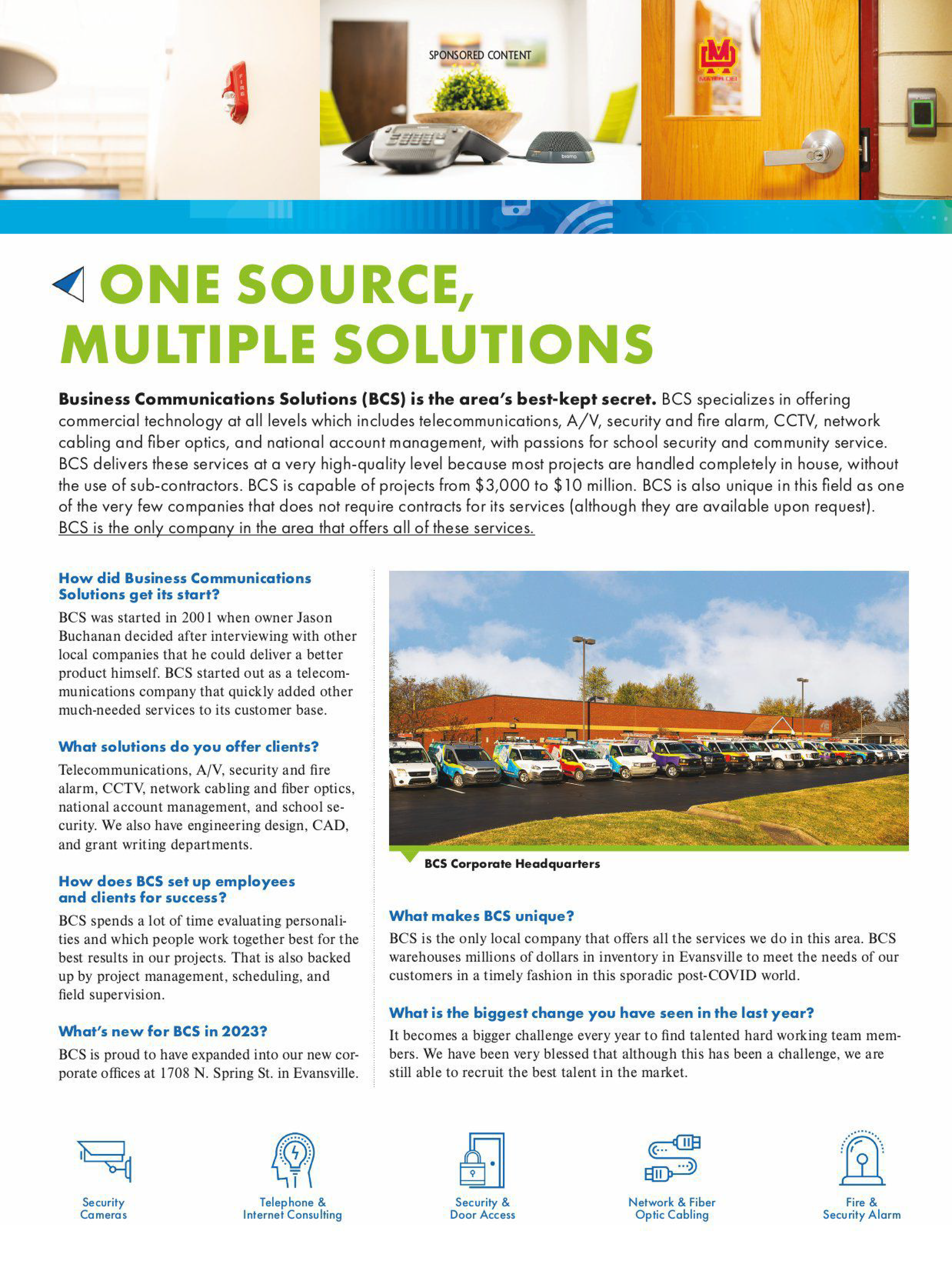 Informational flyer for MSS, featuring company photos, a mission statement, and a list of services with icon illustrations.