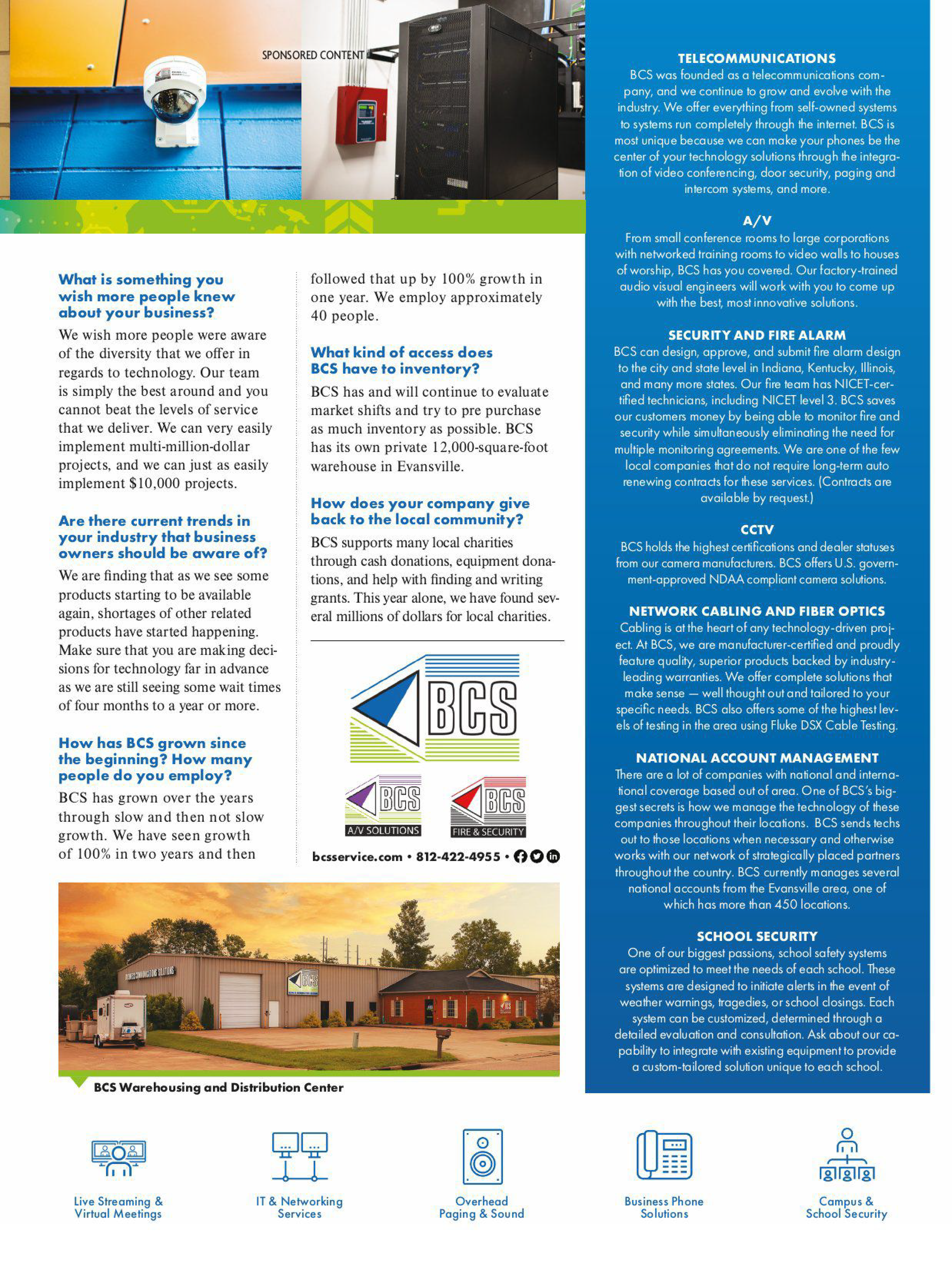 Informational brochure for R&G featuring office services, security equipment, and facility details.