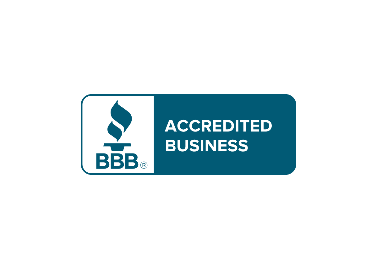 The bbb logo is blue and white and says accredited business.