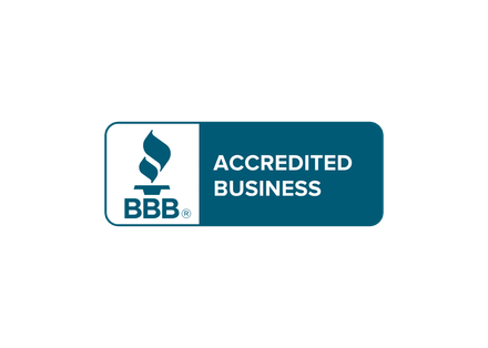 The bbb logo is blue and white and says accredited business.