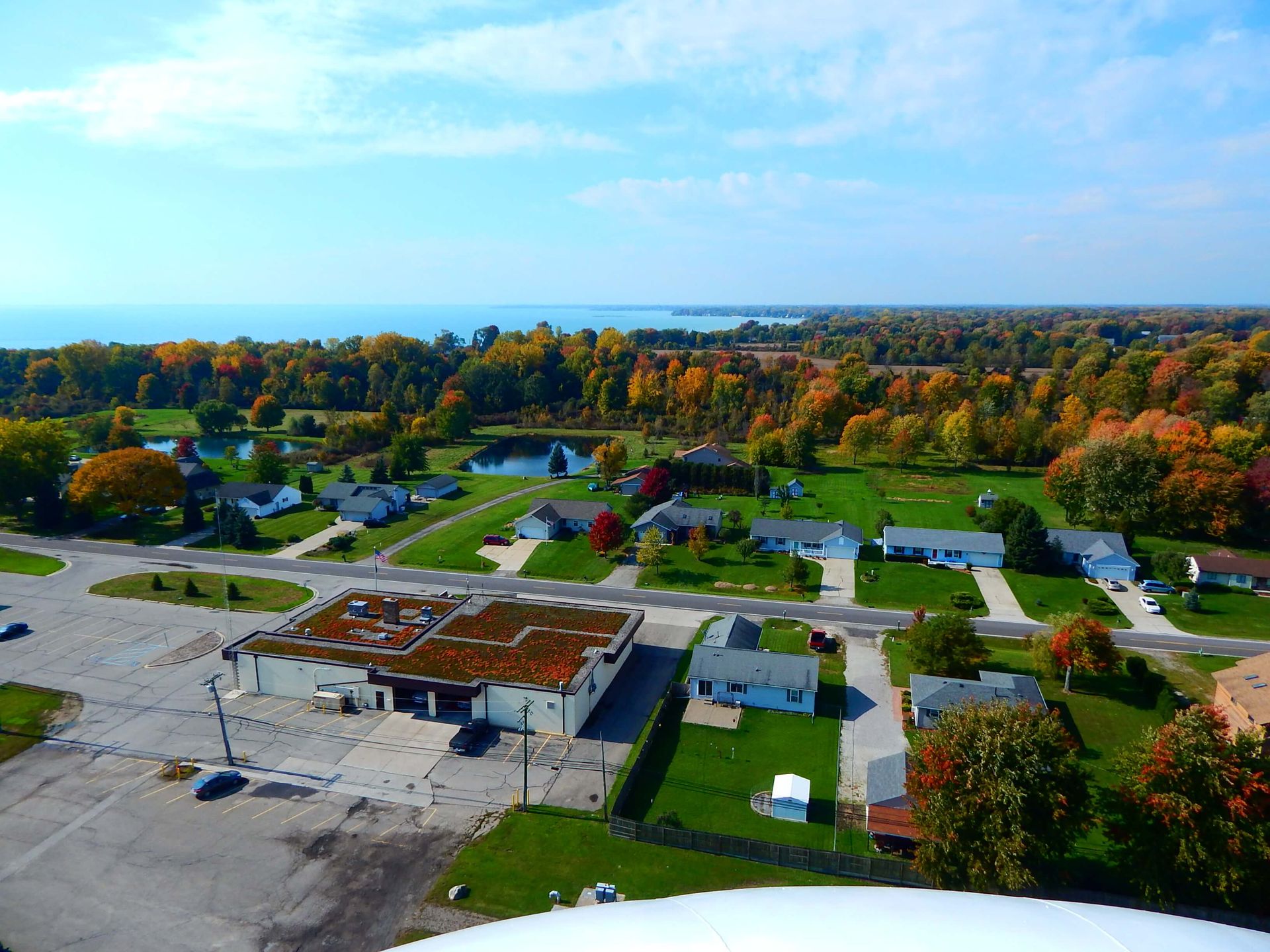 An aerial view of a residential area with houses and trees.